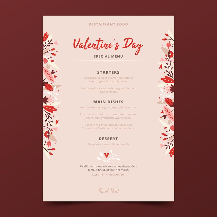 情人节温暖菜单模板设计源文件valentine-s-day-menu-template-flat-design