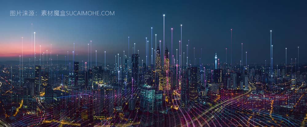 智慧城市与抽象点点连接渐变线与美学错综复杂的波浪线设计，大数据连接技术理念