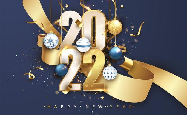 2022 新年快乐。蓝色节日背景与礼品弓和闪光。贺卡、日历的新年快乐横幅