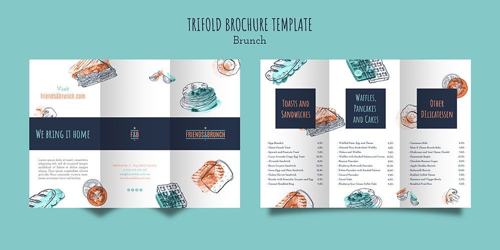 早午餐餐厅的灯笼小册子模板免费Psdtrifold-brochure-template-brunch-restaurant