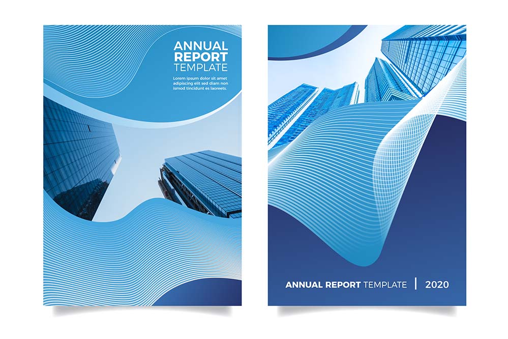 蓝色商务财务年报单页封面设计annual-report-with-buildings-liquid-effect