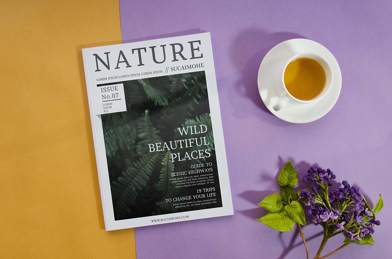 自然杂志封面PSD源文件咖啡杯薰衣草nature-magazine-coffee-cup-lavender