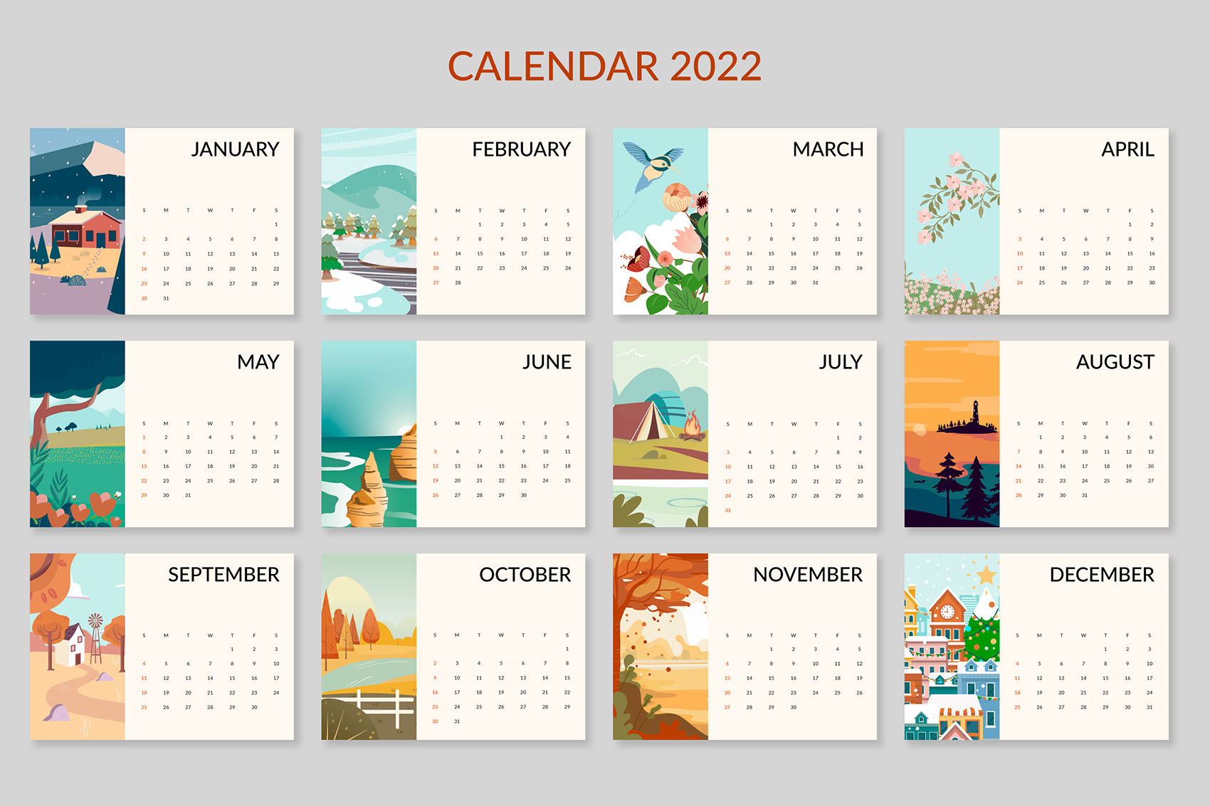 平面2022年的日历模板向量源文件