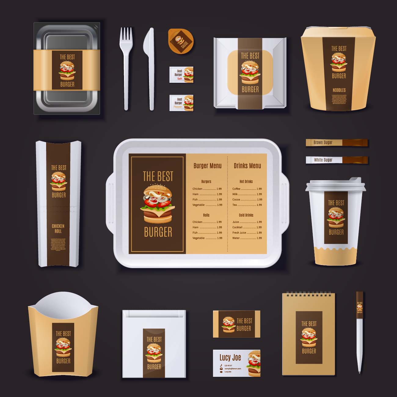 汉堡酒吧包装文具和名片的企业形象免费矢量-burger-bar-corporate-identity-packaging-stationery-business-
