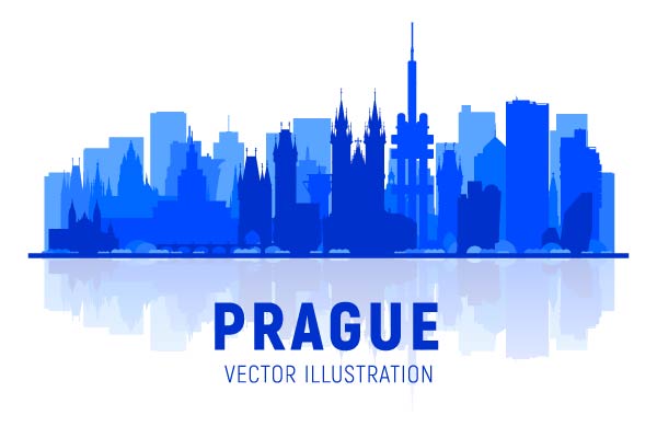 布拉格捷克共和国天际线轮廓与全景在白色背景矢量插图商务旅行和旅游概念与现代建筑图像横幅或网站