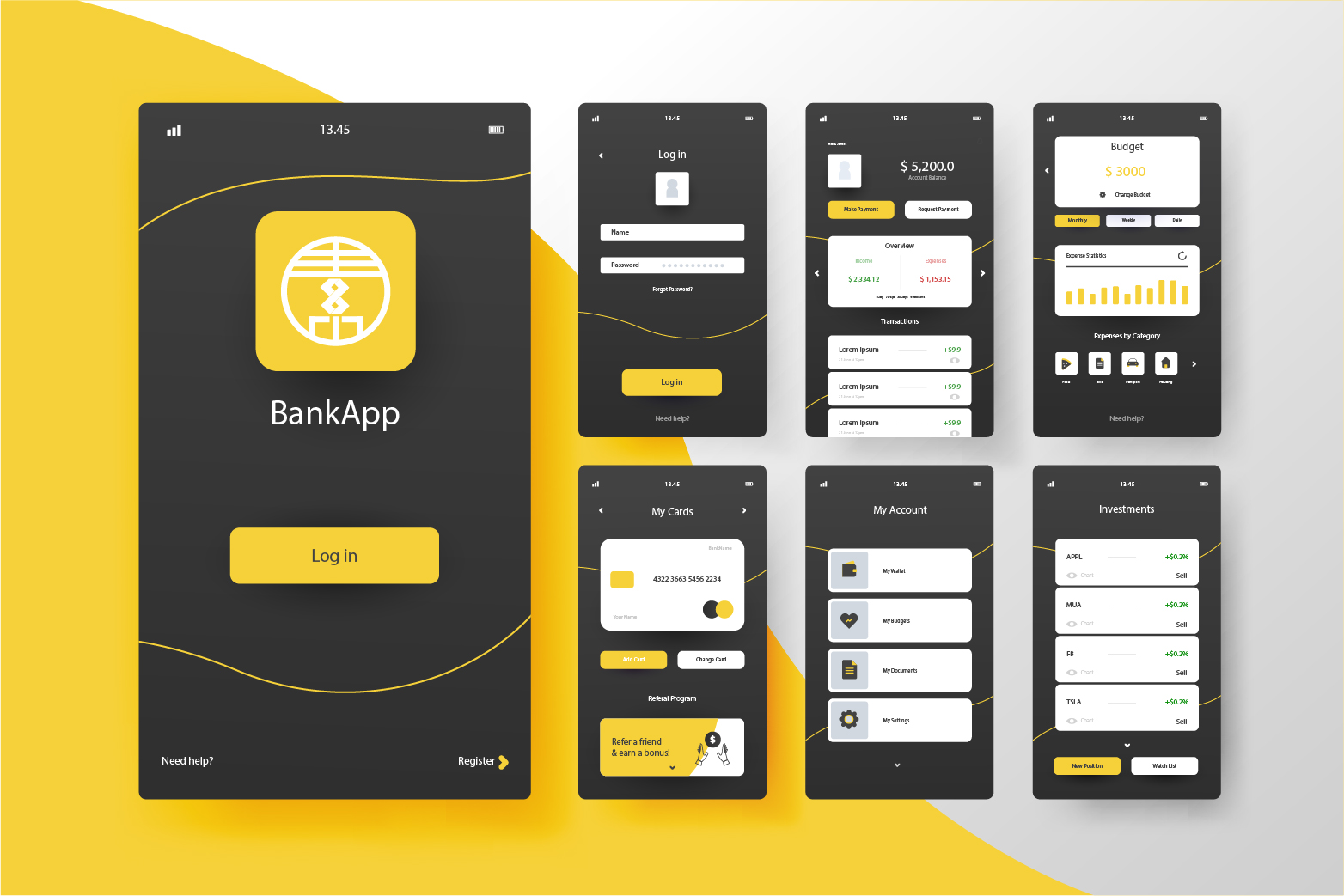 黄色银行应用程序界面概念AI/eps矢量源文件banking-app-interface-concept