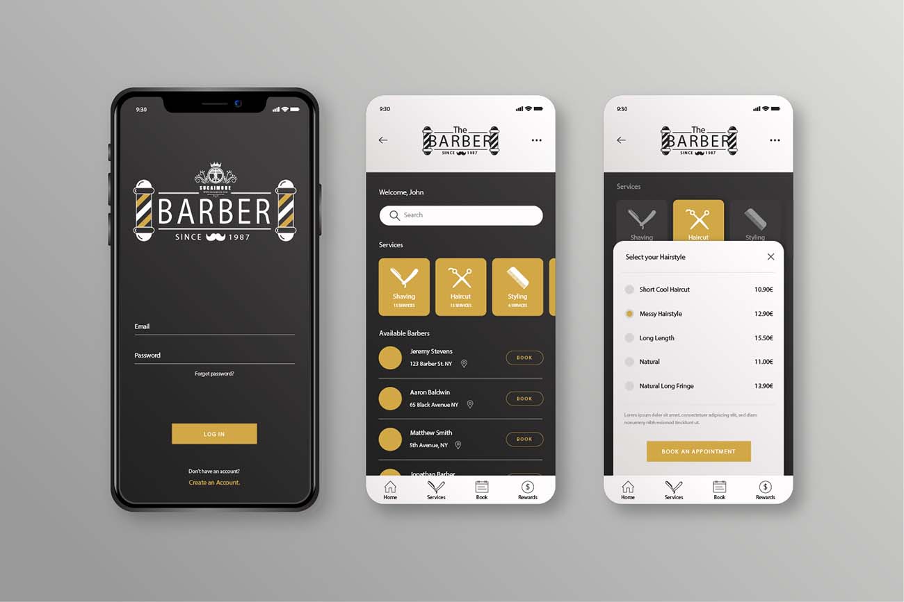 理发店预订应用程序UI界面设计AI/EPS源文件barber-shop-booking-app