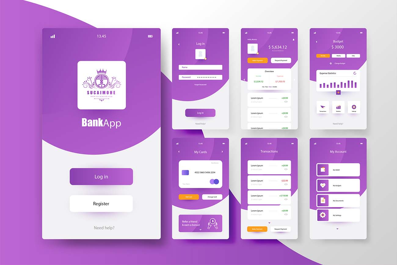 紫色银行APP界面UI设计ai/eps源文件Banking app interface concept Free Vecto