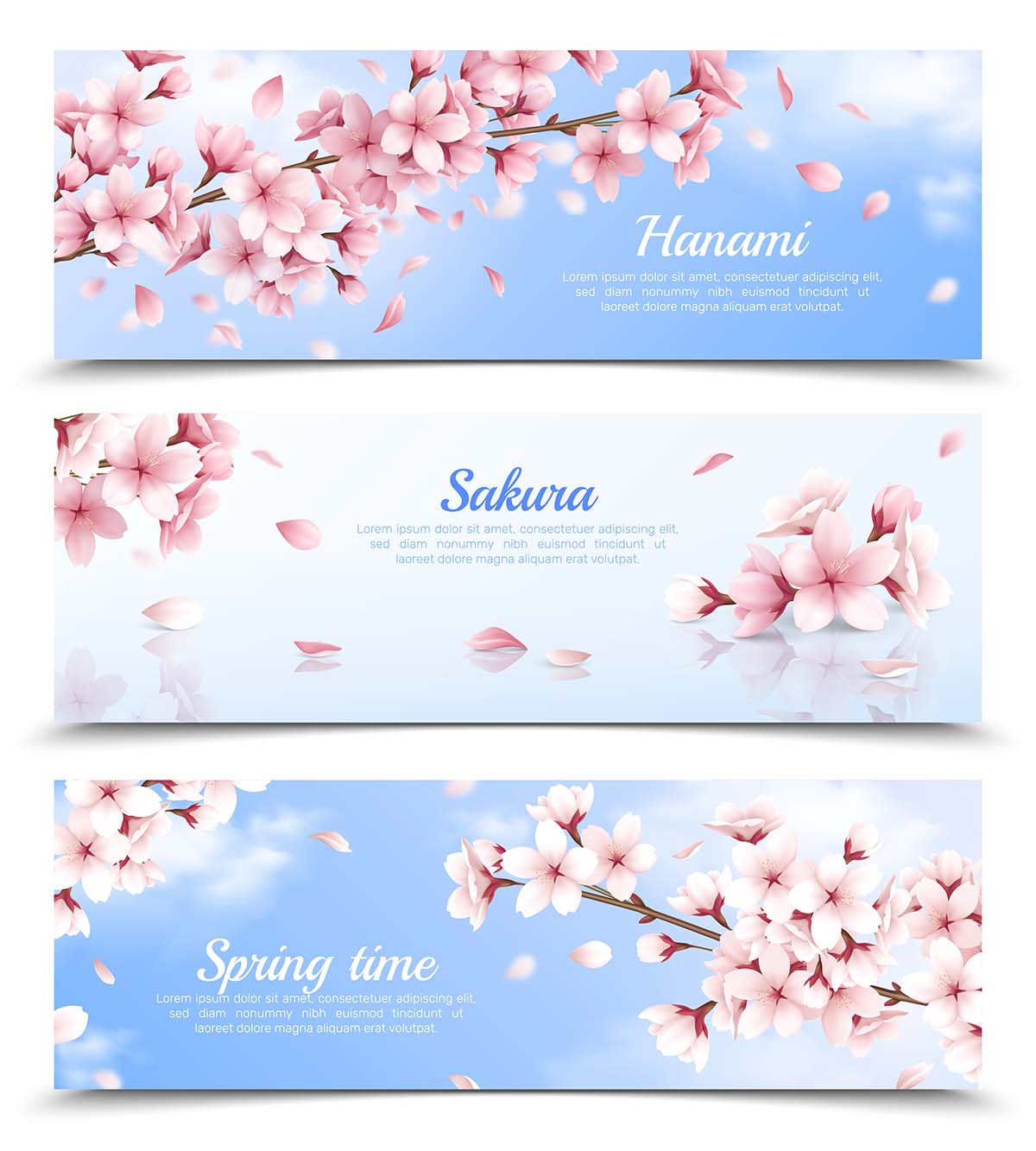 现实组的三个水平横幅与盛开的樱花，蓝蓝的天空背景上孤立图矢量realistic-set-three-horizontal-