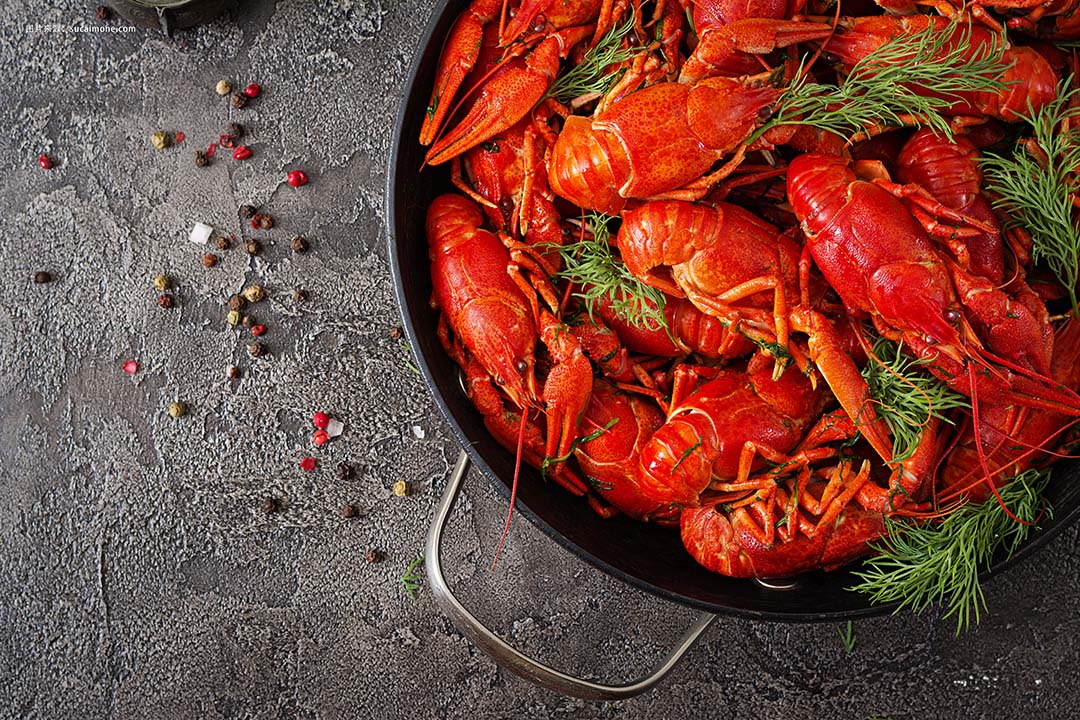 小龙虾。乡村风格的桌子上的红煮小龙虾，特写。龙虾特写。边框设计。顶视图。平躺
