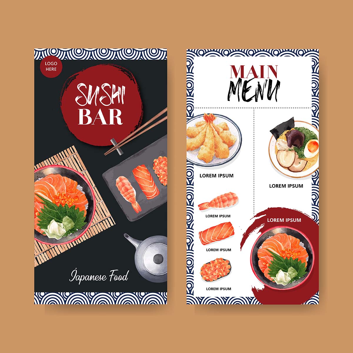 寿司菜单集合餐厅模板与食品水彩插图