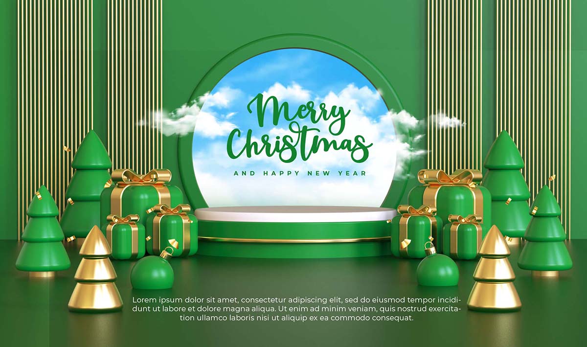圣诞快乐，新年快乐的3d空的讲台上展示产品和圣诞饰品Psd源文件