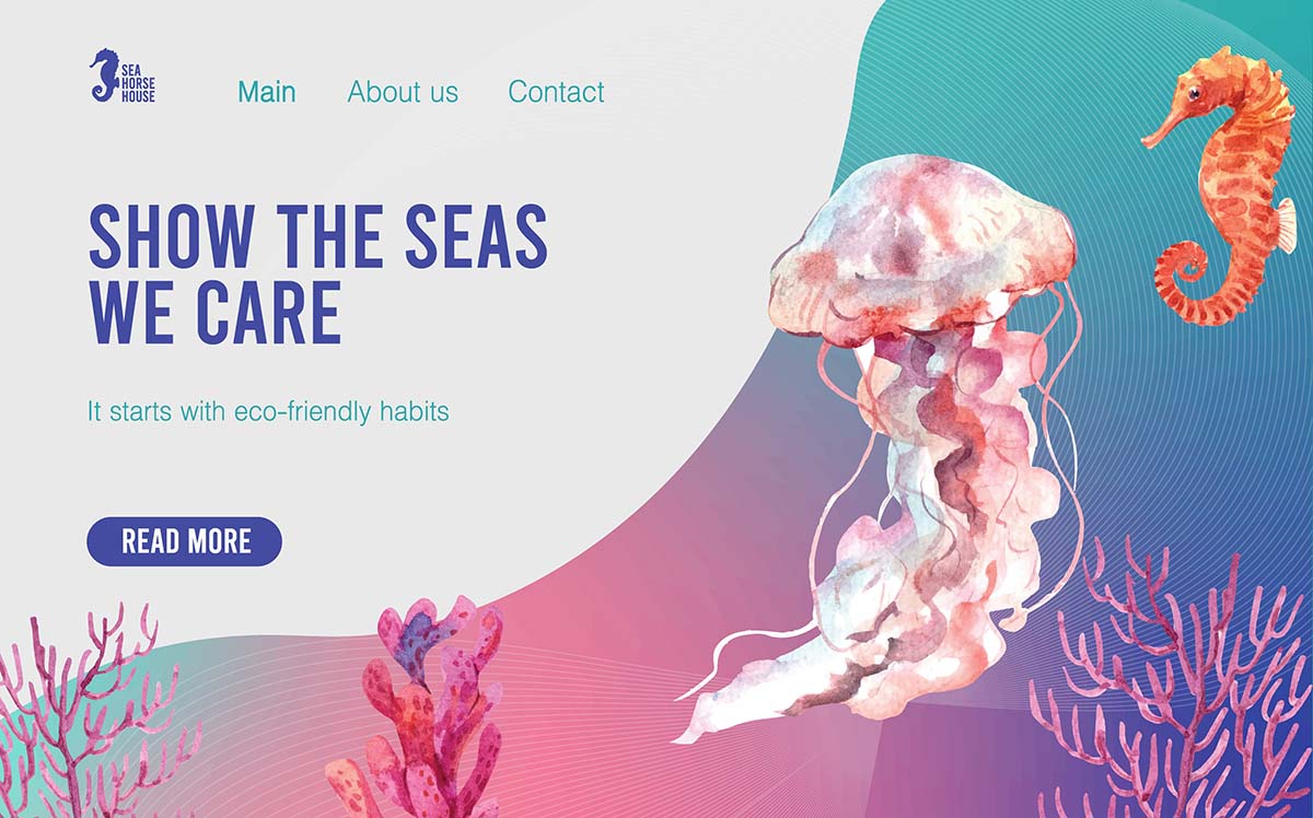 网站模板设计世界海洋日概念与水母珊瑚海马水彩矢量
