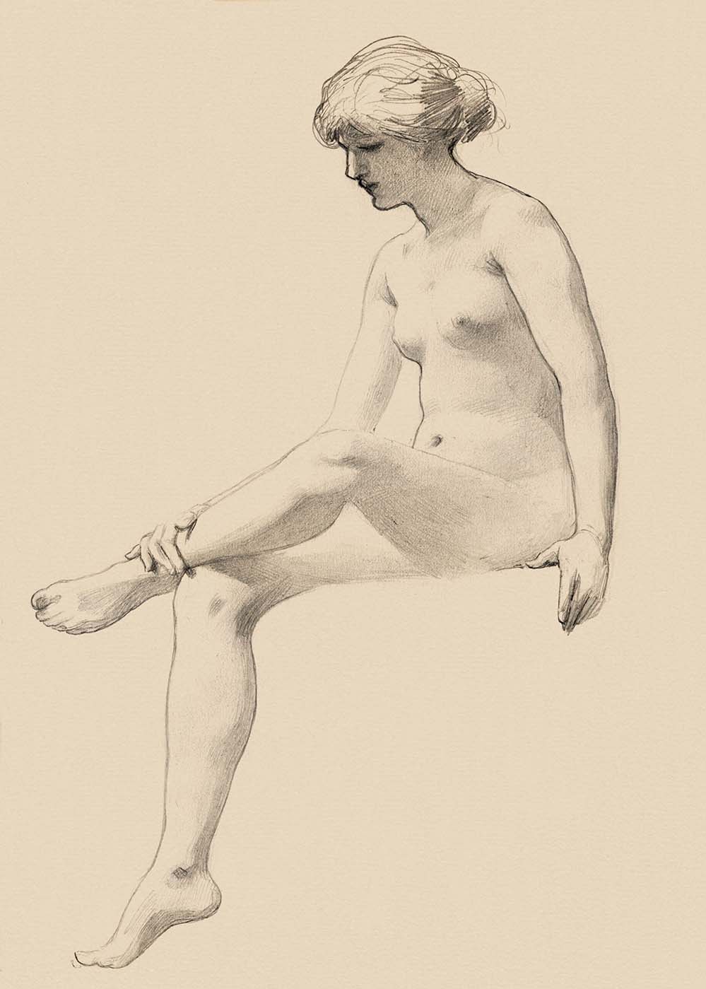 显示她的乳房，老式的色情艺术的裸体女人。坐着的女性裸体（1890），詹姆斯·威尔斯·香槟（