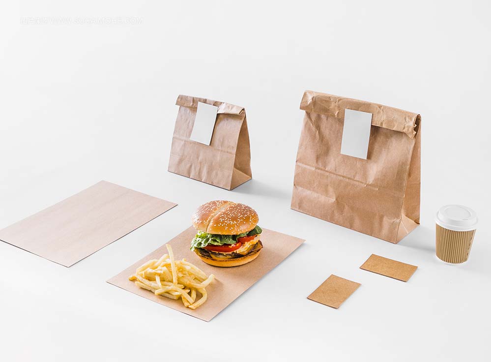 西餐汉堡包装组合样机tasty-burger-french-fries-parcels-disposal-cup-white-surface