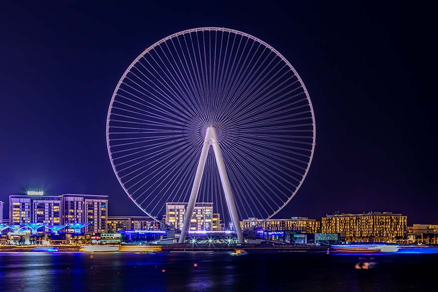 ferris-wheel-摩天轮 景观 迪拜 阿联酋 夜 灯 架构 照明 天际线 大 城市景观 圆 水 海 高清摄影大