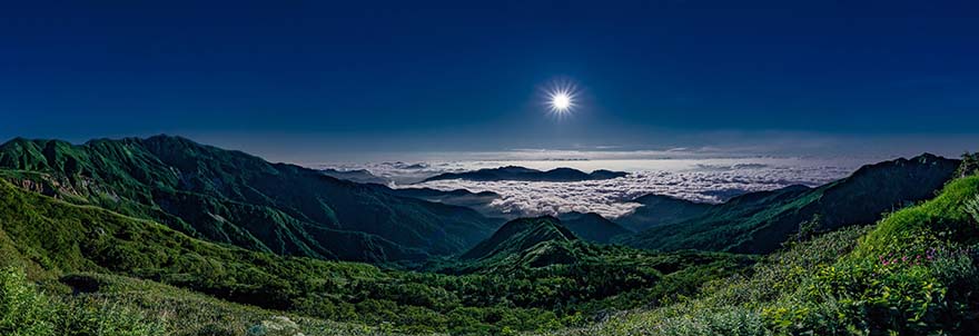 landscape-景观 全景 夜 山 月光 海的云 白山 石川县 日本