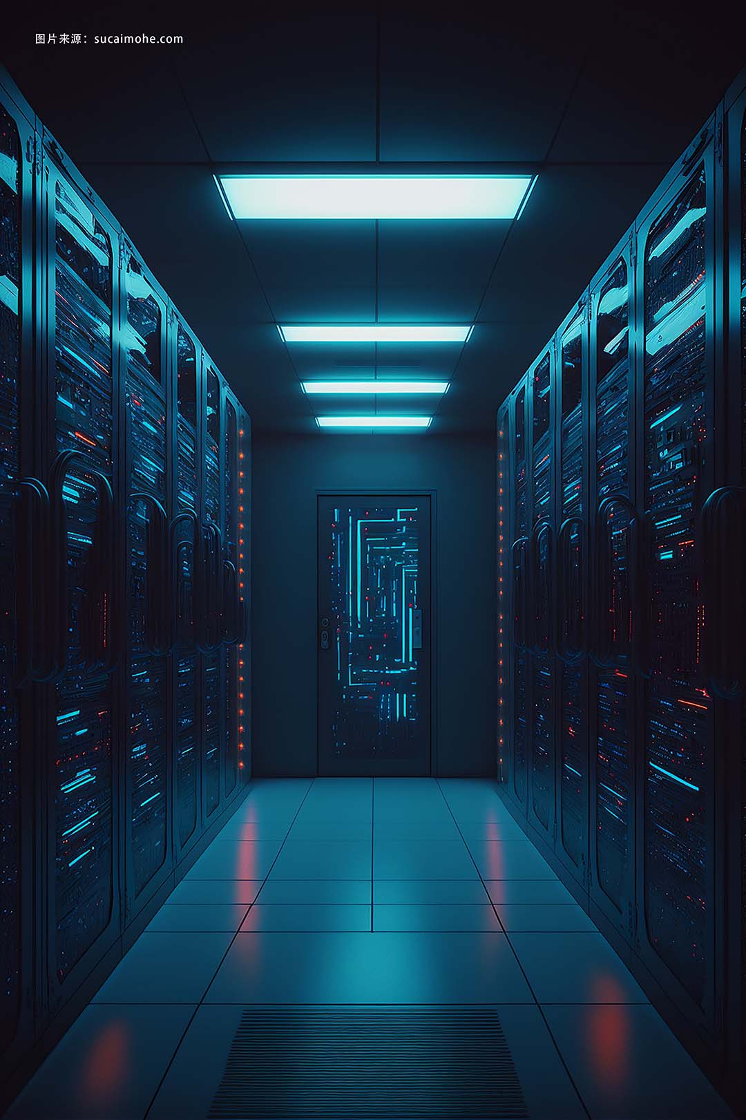   数据服务器机架中心室，带有大数据计算机中心蓝色内部托管存储硬件 