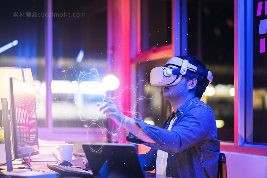 亚洲年轻人-男性-可穿戴-笔记本电脑-虚拟在线-会议-数字空间-工作-三维增强尺寸-摄像头-虚拟工作-虚拟-护目镜-桌面设备