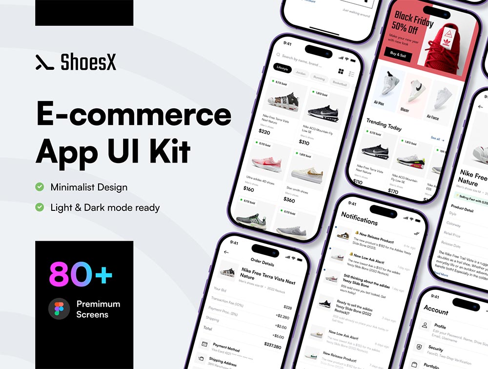 ShoesX-电子商务极简应用UI套件80+高级屏幕