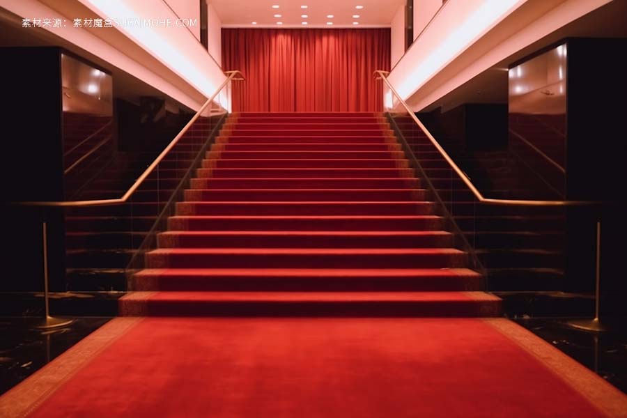 室内场景酒店楼梯覆盖红地毯生成ai