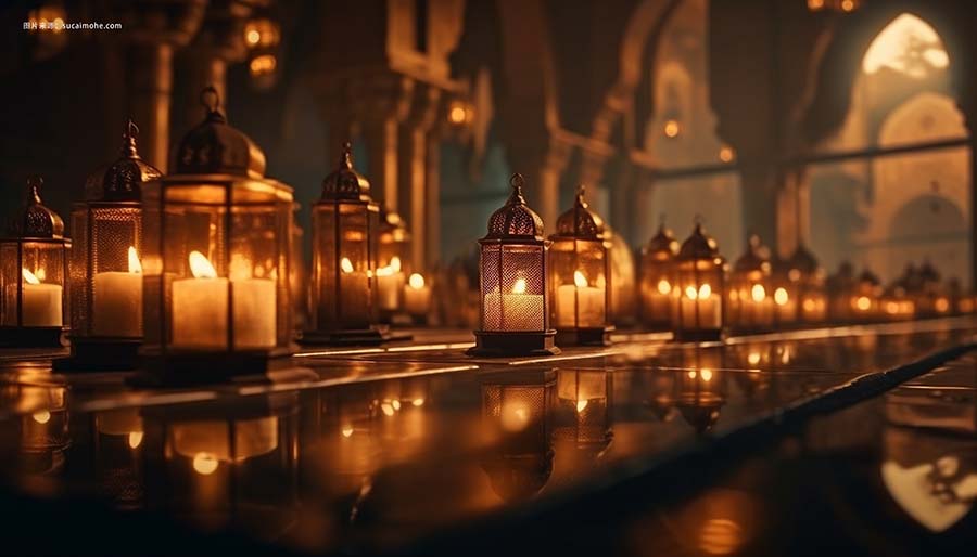 寺庙大殿内一排灯笼，其中一个用单词蜡烛点亮