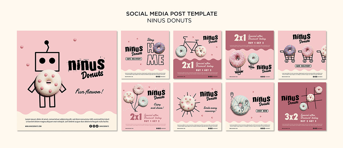 9张甜甜圈美食海报设计PSD源文件modele-publication-medias-sociaux-concept-beignets