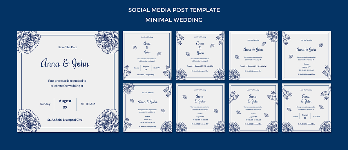 9张蓝色古瓷系列婚礼邀请函贺卡设计模板wedding-template-social-media-post