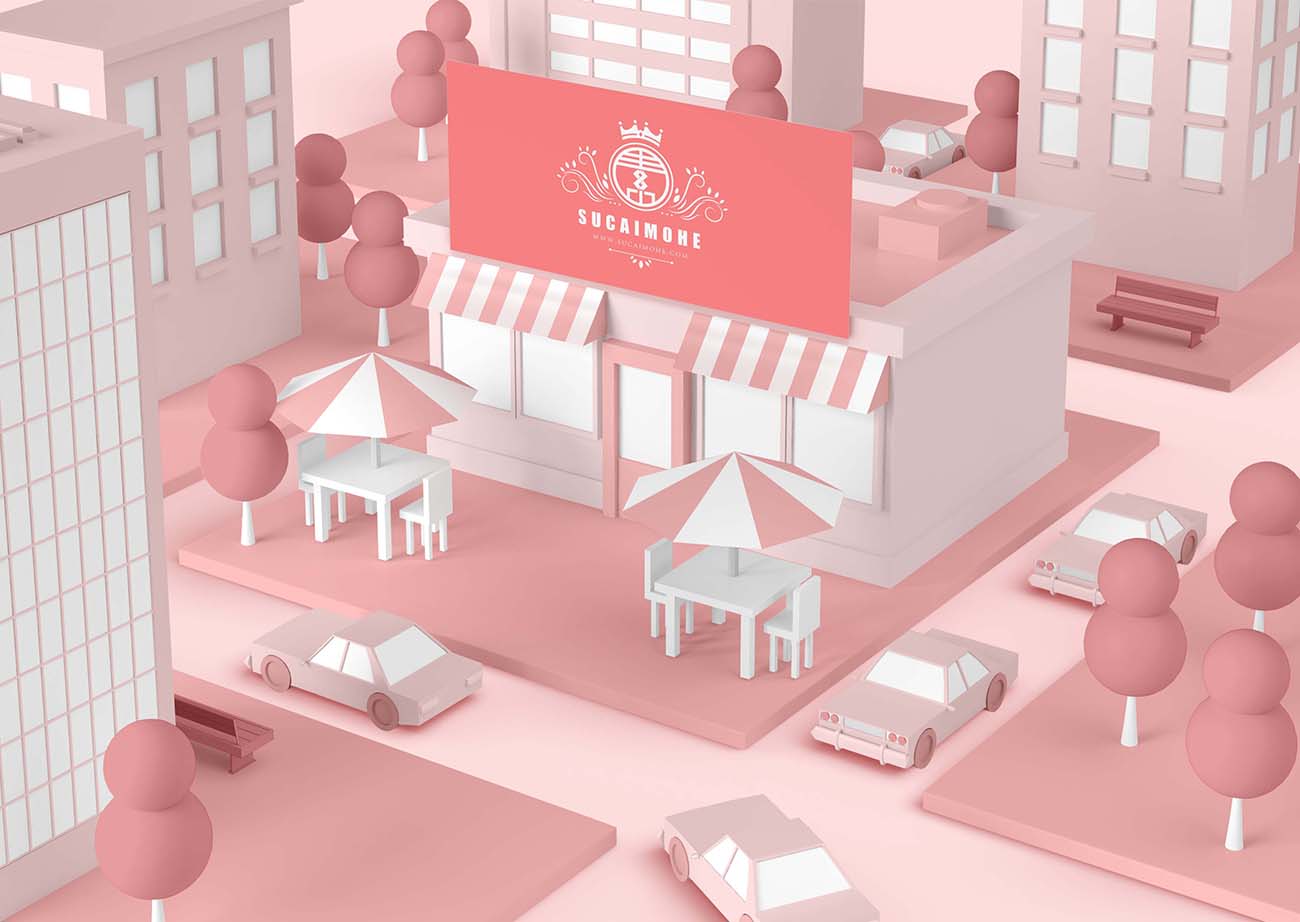 国外欧式蛋糕饼干粉红建筑商店户外门头广告PSD源文件cake-cookies-pink-building