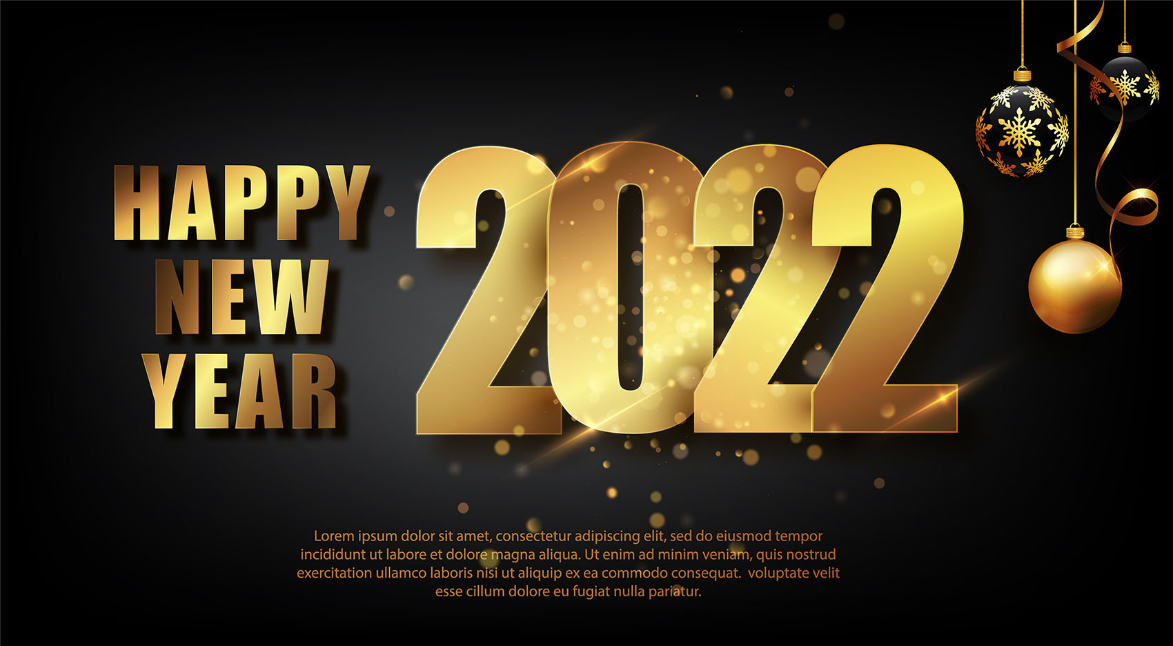 2022 年新年。新年快乐金色和黑色颜色的矢量插图