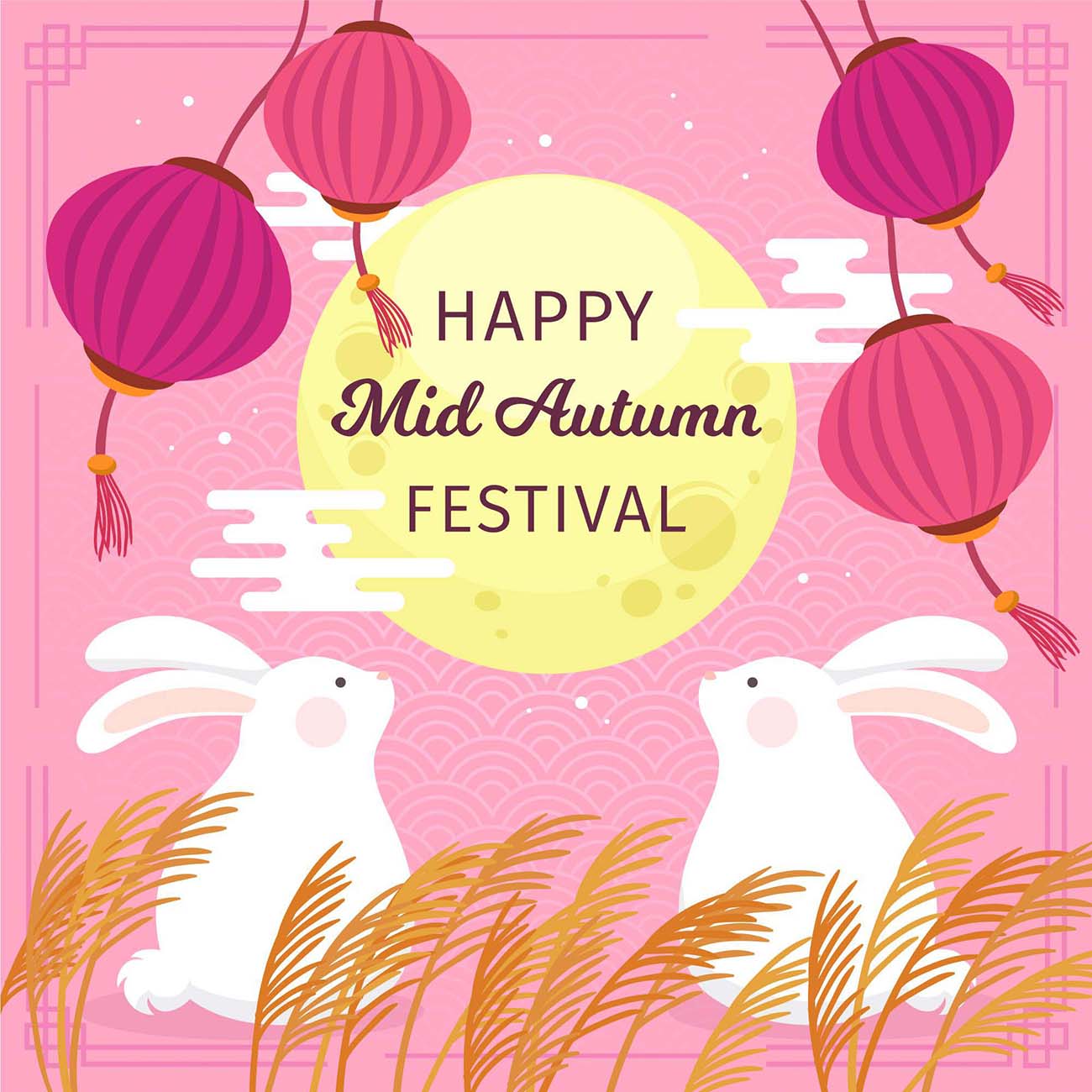 手绘与兔子和月亮矢量中秋节-插图-hand-drawn-mid-autumn-festival-with-bunnies-moon