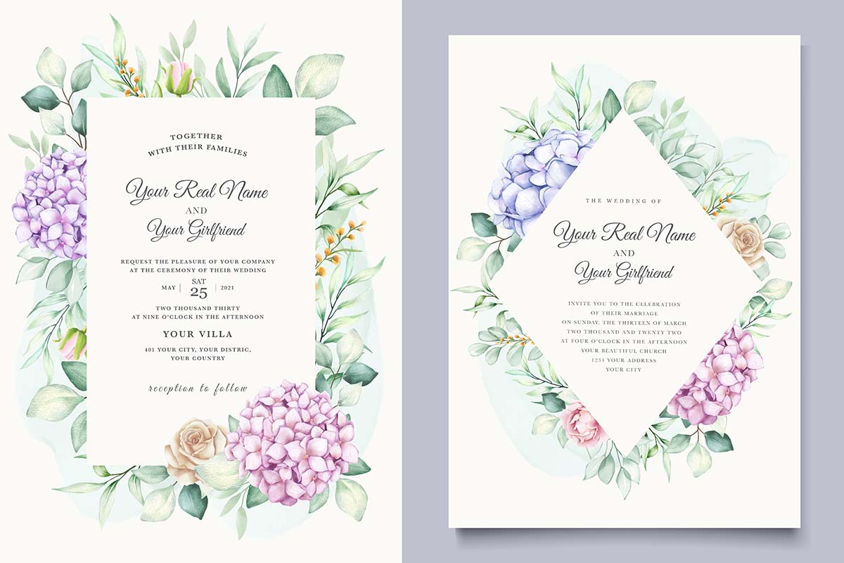 水彩绣球花婚礼请柬模板watercolor-hydrangea-wedding-invitation-card-template