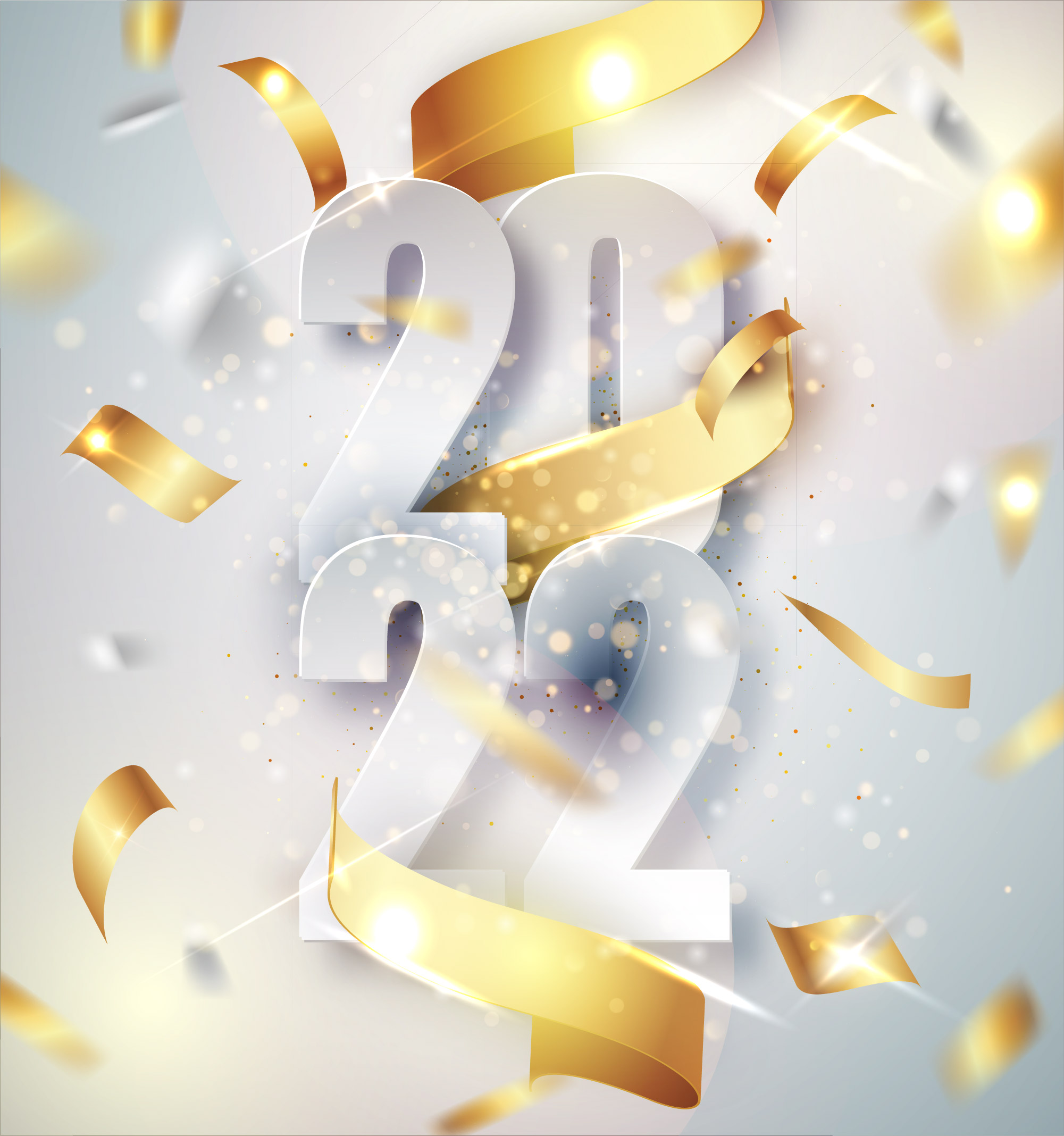 新年快乐优雅矢量背景与金色礼品丝带，五彩纸屑，白色数字矢量