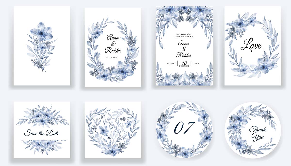 花卉水彩蓝卡和邀请集合矢量源文件save-the-date-floral-watercolor-blue-cards-and-invitation-collection