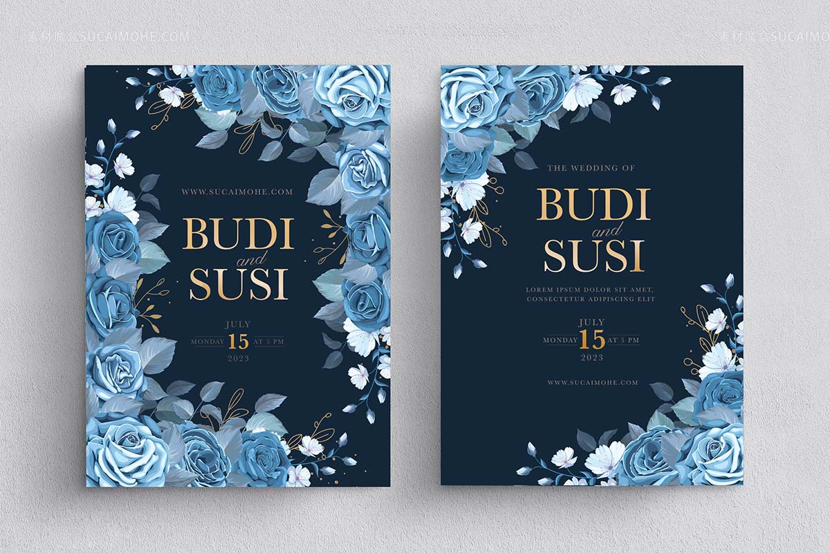 蓝色花艺婚庆卡套eps矢量源文件blue-floral-wedding-card-set