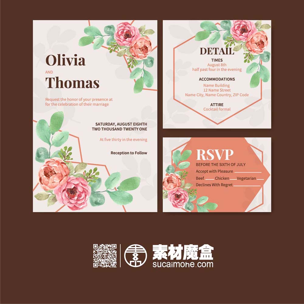 婚礼卡模板与爱盛开的概念设计水彩插图适量源文件wedding-card-template-with-love-blooming-concept-des