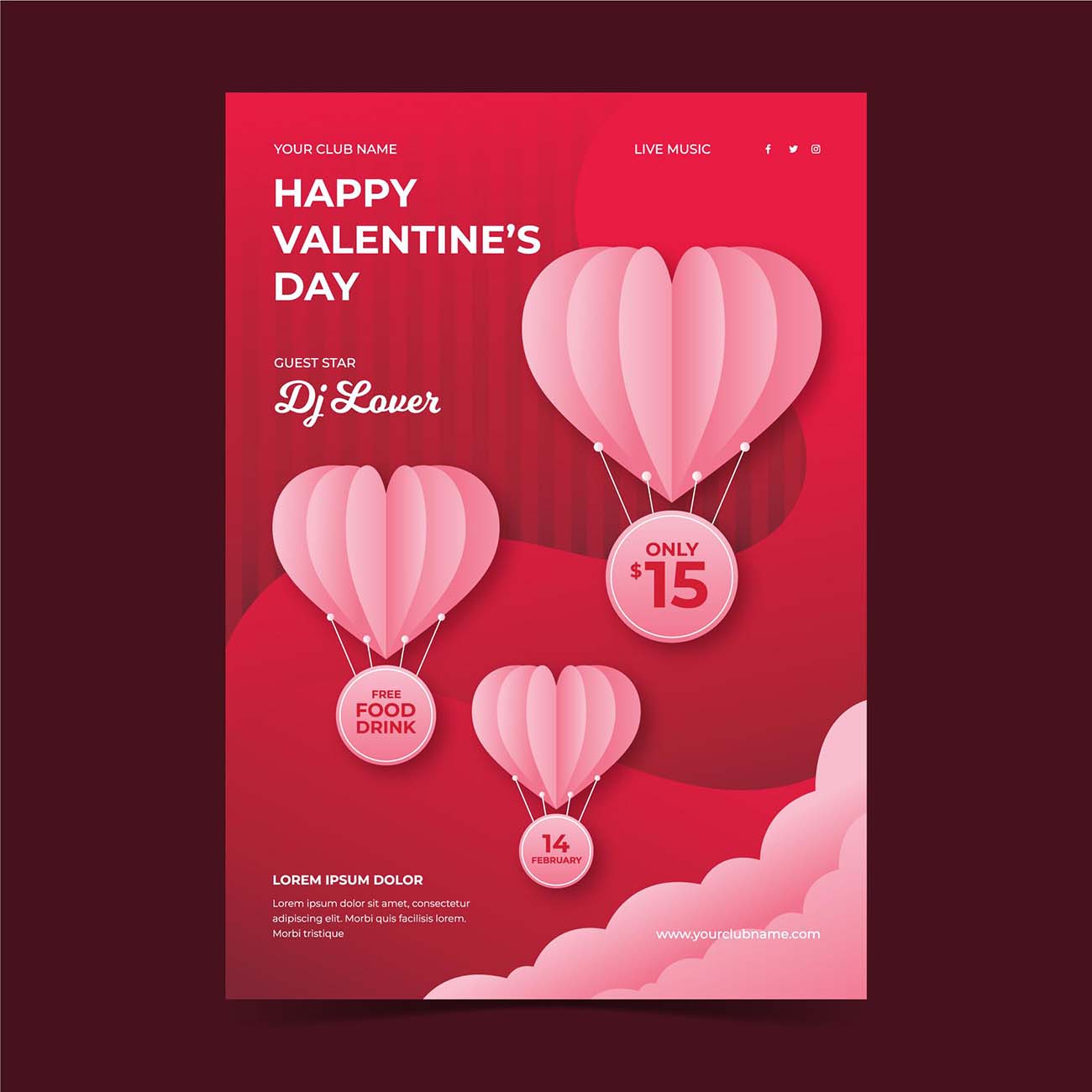 纸质风格矢量情人节聚会传单模板valentine-s-day-party-flyer-template-paper-st<x>yle