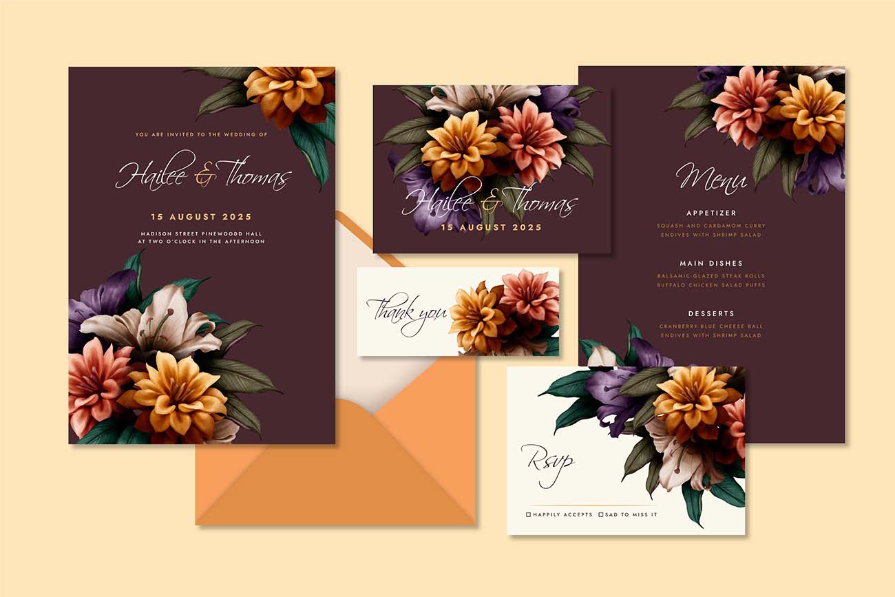 水彩的戏剧性植物婚礼文具套装矢量源文件watercolor-dramatic-botanical-wedding-stationery-set