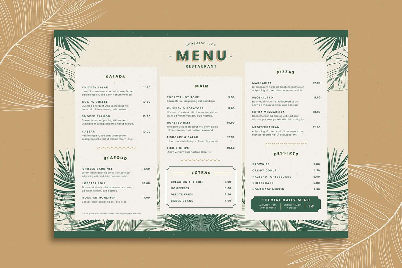 餐厅菜单模板与热带叶矢量源文件