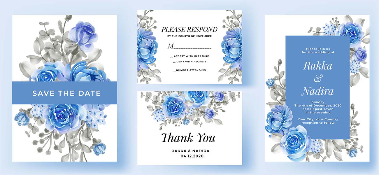 优雅的婚礼请柬套装蓝色花朵创意设计矢量源文件